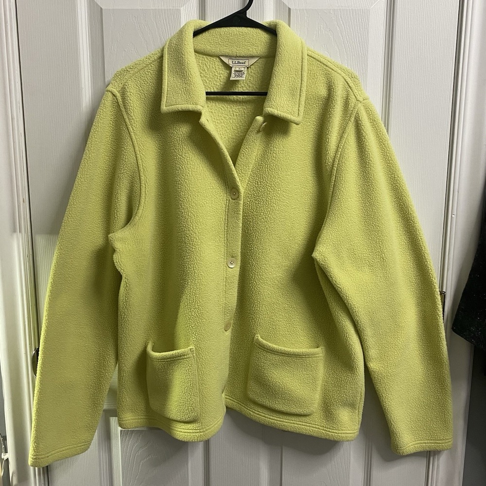 LL Bean Women's Button-up Sweater Yellow Cardigan Front‎ pockets Sz.L
